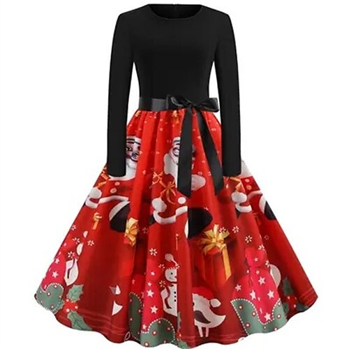 

Women's Swing Dress Mini Dress Black Light Red Red Long Sleeve Santa Claus Patchwork Winter Fall Autumn Crew Neck Modern Christmas Vacation 2022 S M L XL XXL