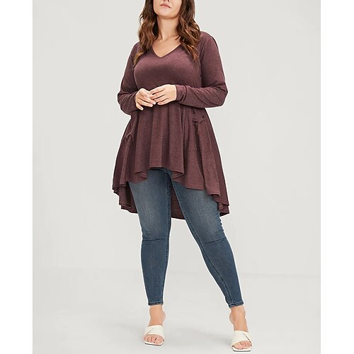 

Women's Plus Size Tops Blouse Plain Pocket Long Sleeve V Neck Fashion Modern Vacation Going out Polyester Winter Fall Maroon