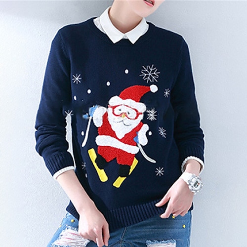 

Women's Ugly Christmas Sweater Pullover Sweater Jumper Ribbed Knit Knitted Santa Claus Crew Neck Stylish Casual Outdoor Christmas Winter Fall Navy Blue S M L