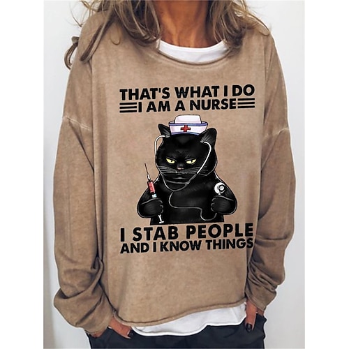 

Women's Sweatshirt Pullover Basic Purple Pink Khaki Cat Street Round Neck Long Sleeve S M L XL 2XL 3XL