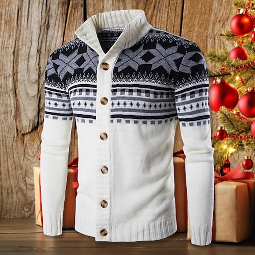 

Men's Sweater Ugly Christmas Sweater Cardigan Sweater Ribbed Knit Button Knitted Geometric Stand Collar Basic Casual Christmas Daily Clothing Apparel Winter Fall Black Light gray M L XL