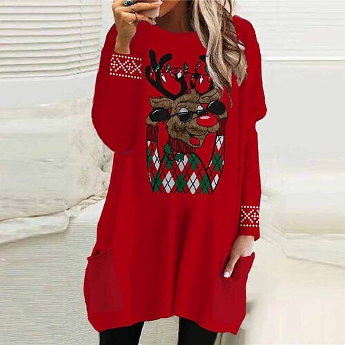 

Women's Christmas Casual Dress T Shirt Dress Tee Dress Shift Dress Mini Dress Wine Red Long Sleeve Letter Pocket Winter Fall Autumn Crew Neck Fashion Daily Vacation Loose Fit 2022 S M L XL XXL 3XL