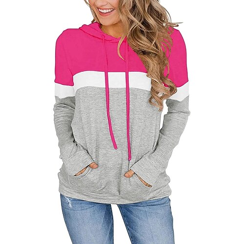 

Womens Pullover Hoodie Drawstring Hooded Sweatshirt Long Sleeve Color Block Tops with Pockets (S-3XL)
