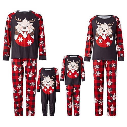 

Christmas Pajamas Family Plaid Elk Home Crewneck Red Long Sleeve Adorable Matching Outfits