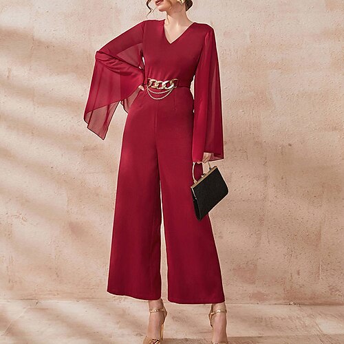 

Women's Jumpsuit High Waist Solid Color V Neck Elegant Work Business Regular Fit Long Sleeve Red S M L Winter