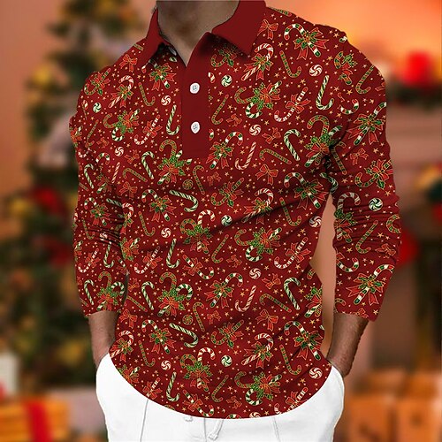 

Men's Collar Polo Shirt Golf Shirt Graphic Prints Turndown Wine 3D Print Christmas Street Long Sleeve Button-Down Print Clothing Apparel Fashion Designer Casual Breathable