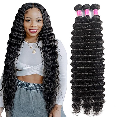 

Deep Wave Bundles Human Hair 3 Bundles (14 16 18 inches) 10A Brazilian Virgin Human Hair Deep Wave Bundles Natural Color 100% Unprocessed Brazilian Human Hair Weave Extensions