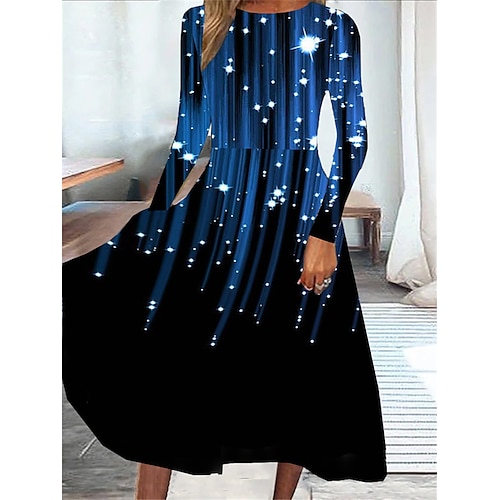 

Women's Casual Dress Swing Dress Midi Dress Blue Long Sleeve Stars and Stripes Pocket Winter Fall Spring Crew Neck Fashion Christmas Daily Weekend 2022 S M L XL XXL 3XL