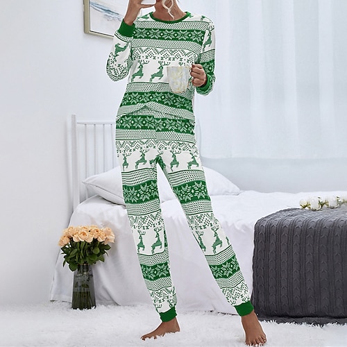 

Women's Christmas Pjs Pajamas Sets Elk Snowflake Fashion Comfort Soft Home Christmas Carnival Polyester Gift Crew Neck Long Sleeve T shirt Tee Pant Fall Spring Green Red