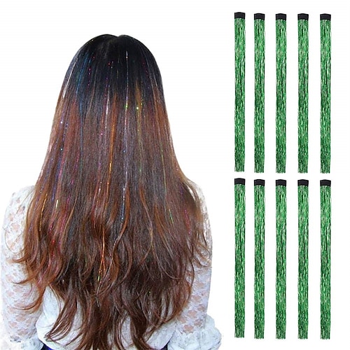 

10Pcs/set Highlight Glitter Tinsel Hair Extensions Clip In - Colored Party Sparkling & Shiny Hair Extensions - Multi-Colors Hair Streak Bling Hairpieces