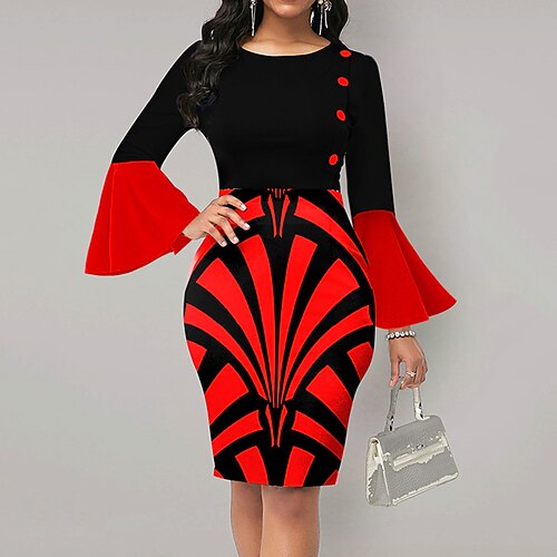 

Women's Work Dress Sheath Dress Church Dress Midi Dress Red Long Sleeve Geometric Print Winter Fall Spring Crew Neck Fashion 2023 S M L XL 2XL 3XL