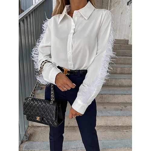 

Women's Blouse Shirt Black Khaki White Plain Button Tassel Long Sleeve Work Basic Shirt Collar Regular S