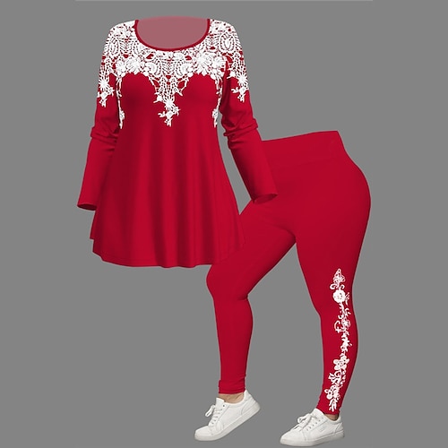 

Women's Plus Size Tops Set Floral Print Long Sleeve Crew Neck Casual Daily Going out Polyester Winter Fall Black Purple