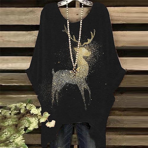 

Women's Plus Size Christmas Tops T shirt Tee Deer Tree Print Half Sleeve Crew Neck Casual Festival Daily Cotton Spandex Jersey Winter Fall Black Gold