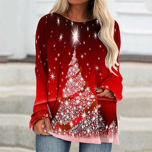 

Women's Plus Size Christmas Tops T shirt Tee Tree Snowflake Print Long Sleeve Crew Neck Casual Holiday Daily Polyester Winter Fall Black Blue