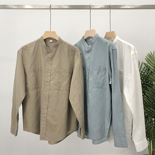 

Men's Linen Shirt Summer Shirt Beach Shirt White Khaki Light Blue Long Sleeve Plain Standing Collar Spring Fall Outdoor Street Clothing Apparel Button-Down