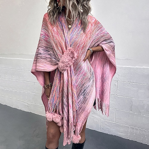 

Women's Shirt Shrugs Black Pink Khaki Tie Dye Tassel Print Long Sleeve Casual Ponchos Capes V Neck Long One-Size