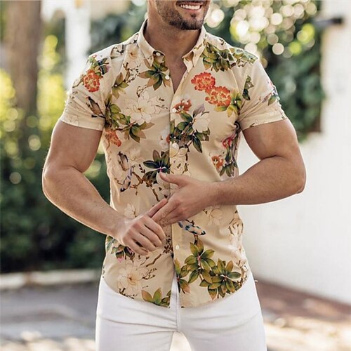 

Men's Shirt Floral Graphic Prints Stand Collar Yellow 3D Print Outdoor Casual Short Sleeve Button-Down Print Clothing Apparel Fashion Designer Casual Comfortable