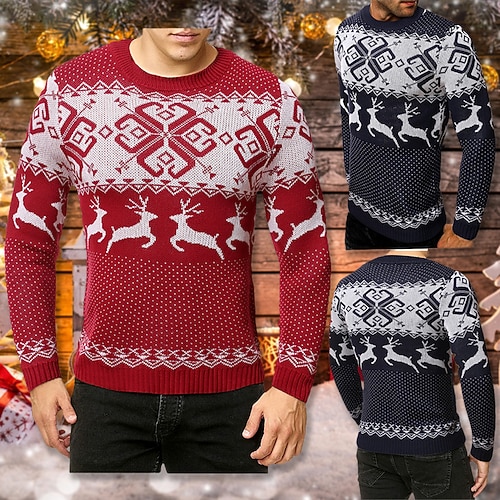 

Men's Ugly Christmas Sweater Pullover Sweater Jumper Ribbed Knit Cropped Knitted Christmas Crew Neck Keep Warm Modern Contemporary Christmas Work Clothing Apparel Winter Spring & Fall Red Navy Blue
