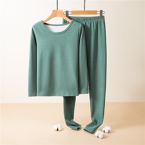 

Women's Shirt Undershirt Pants Sets Fleece Pants Pajamas Basic Green Black Casual Daily Plain Crew Neck M L XL XXL