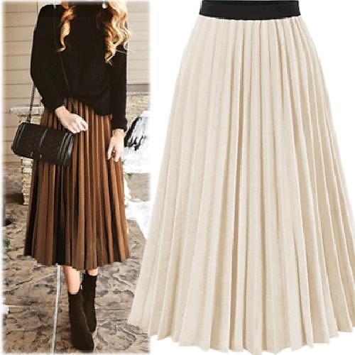 

Women's Swing Long Skirt Midi Polyester Brown Beige Skirts Fall Winter Pleated Elegant Summer Street Going out One-Size