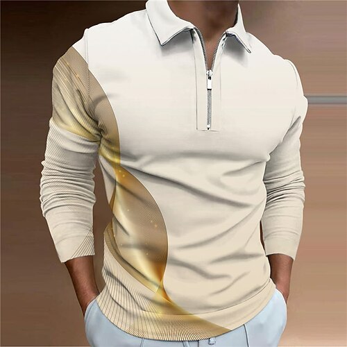 

Men's Polo Shirt Golf Shirt Gradient Graphic Prints Turndown Blue Gold 3D Print Outdoor Street Long Sleeve Zipper Print Clothing Apparel Fashion Designer Casual Soft