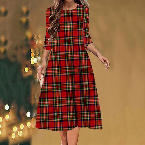 

Vestido informal navideño para mujer, vestido de cambio, vestido midi, rojo, manga 3/4, a cuadros, fruncido, invierno, otoño, moda navideña, diario, 2022 s, m, l, xl, xxl, 3xl