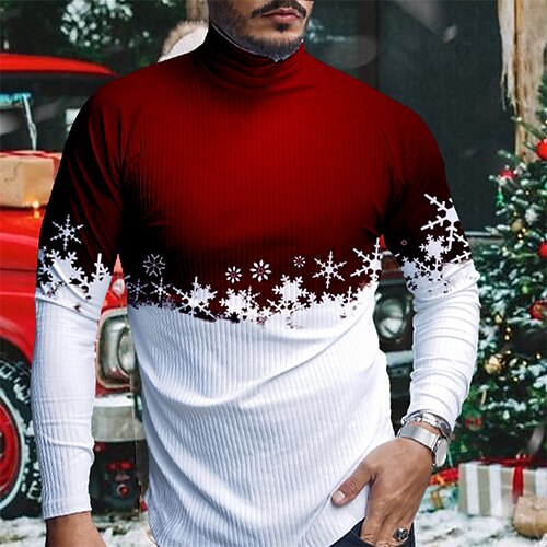 

Men's T shirt Tee Graphic Snowflake Turtleneck Red 3D Print Outdoor Christmas Long Sleeve Print Clothing Apparel Basic Streetwear Designer Comfortable