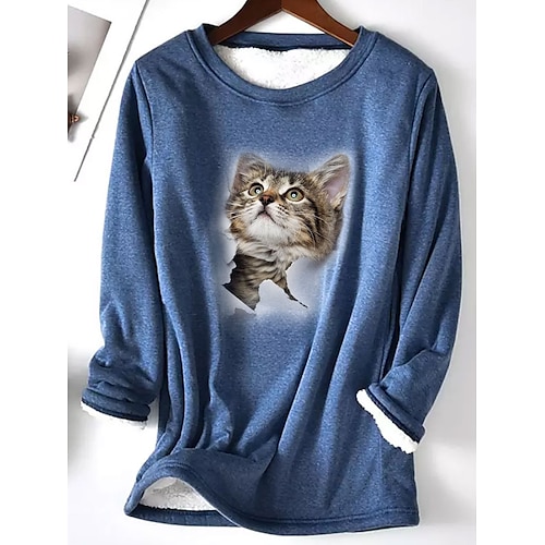 

Women's Sweatshirt Pullover Basic Rouge Silver Peach Cat Casual Round Neck Long Sleeve Fleece S M L XL 2XL 3XL