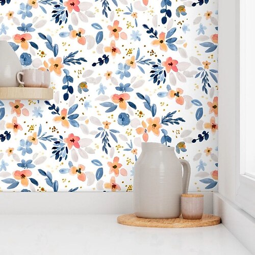 

Blue Floral Wallpaper Peel and Stick Wallpaper Removable Pvc/Vinyl Self Adhesive 17.7''x118''in(45cmx300cm) / 45x300cm