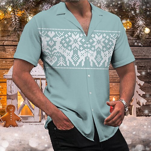 

Men's Shirt Elk Snowflake Turndown Blue Pink 3D Print Christmas Street Short Sleeve Button-Down Print Clothing Apparel Fashion Designer Casual Breathable / Summer / Spring / Summer