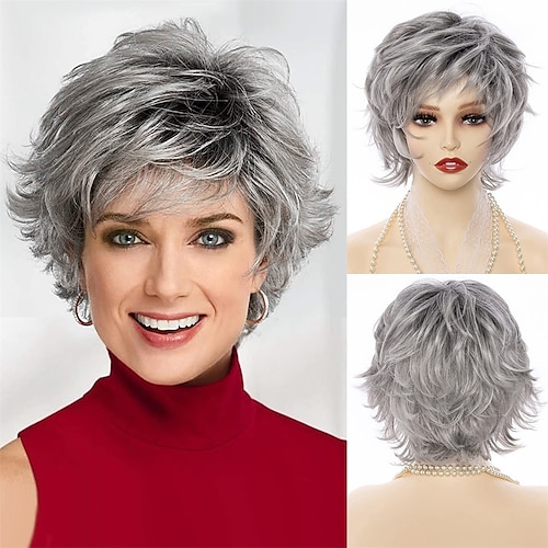 

Gray Ombre Wig Pixie Cut Wig with Bangs for White WomenLight Gray Ombre Synthetic Short Curly Hair Wig Womens Short Wigs Gray Pixie Wig for Women Fluffy Layered Synthetic Hair Ash Black Wig Grey