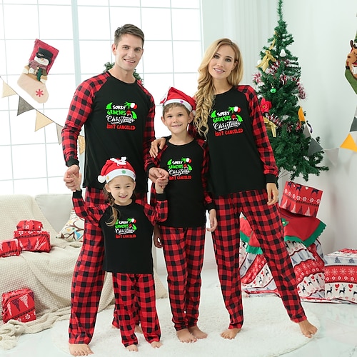 

Christmas Pajamas Family Plaid Letter Home Black Long Sleeve Basic Matching Outfits