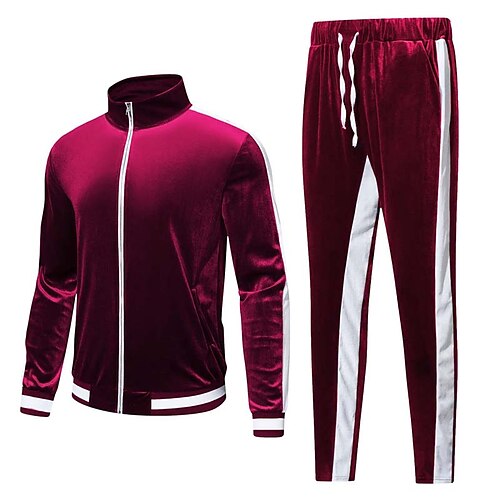 

Men's Tracksuit Sweatsuit Zip Sweatshirt Jacket Jogging Suits Wine Red Standing Collar Color Block Zipper 2 Piece Sports & Outdoor Daily Sports Streetwear Casual Big and Tall Fall & Winter Clothing