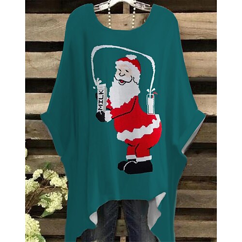 

Women's Plus Size Christmas Tops T shirt Tee Santa Claus Snowman Print Half Sleeve Crew Neck Casual Festival Daily Cotton Spandex Jersey Winter Fall Green Blue