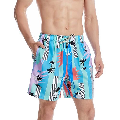 

Men's Swim Shorts Swim Trunks Board Shorts Drawstring Elastic Waist Coconut Tree Stripe Print Comfort Breathable Casual Daily Beach Fashion Streetwear Blue Micro-elastic