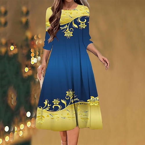 

Women's Christmas Casual Dress Shift Dress Midi Dress Blue 3/4 Length Sleeve Floral Ruched Winter Fall Autumn Fashion Christmas Daily 2022 S M L XL XXL 3XL