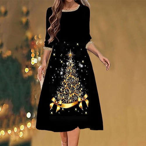 

Vestido casual de Navidad para mujer, vestido de cambio, vestido midi dorado, manga 3/4 de longitud, árbol de Navidad fruncido, invierno, otoño, moda, Navidad, diario, 2022 s, m, l, xl, xxl, 3xl