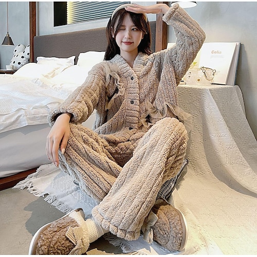 

Women Blouse Pants Sets Pajamas Basic Grey Casual Daily Solid Color V Neck M L XL 2XL