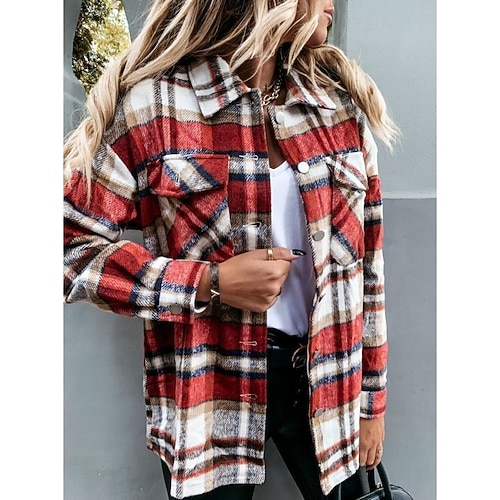 

Women's Shirt Shacket Pink Orange Red Plaid Button Pocket Long Sleeve Casual Basic Shirt Collar Regular S