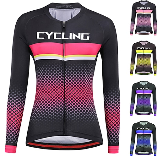 

21Grams Women's Cycling Jersey Long Sleeve Bike Jersey Top with 3 Rear Pockets Mountain Bike MTB Road Bike Cycling Breathable Quick Dry Moisture Wicking Reflective Strips Black Purple Yellow Plaid