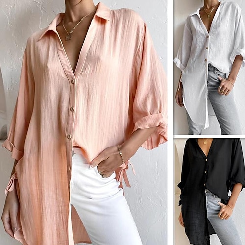 

Women's Blouse Shirt Black Blue Pink Graphic Long Sleeve Party Going out Basic Shirt Collar S
