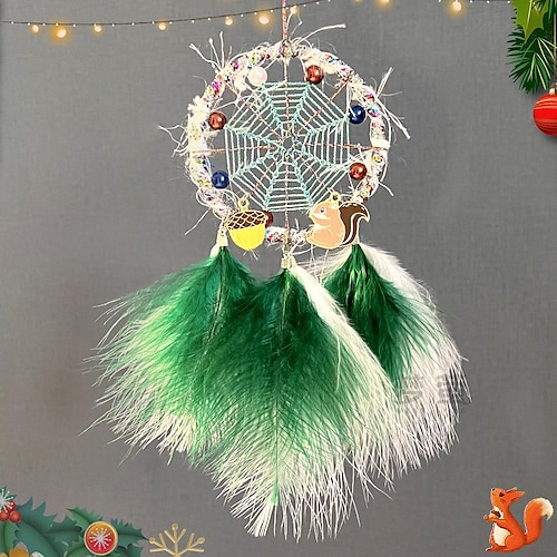 

Christmas Dream Catcher Handmade Gift with Green Feathers Wall Hanging Decor Art Wind Chimes Boho Style Car Hanging Home Pendant 8x42cm/3.14''x16.5''