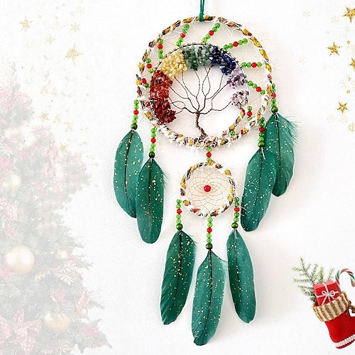 

Christmas Dream Catcher Green Life of Tree Handmade Gift with Green Feathers Wall Hanging Decor Art Wind Chimes Boho Style Car Hanging Home Pendant 20x65cm/7.87''x26''