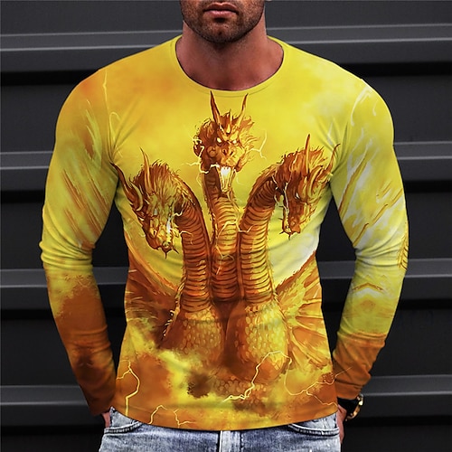 

Men's T shirt Tee Dragon Graphic Prints Crew Neck Green Purple Yellow 3D Print Outdoor Street Long Sleeve Print Clothing Apparel Basic Sports Designer Casual