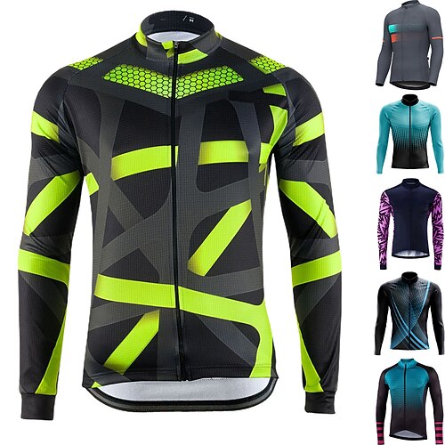 

21Grams Men's Cycling Jersey Long Sleeve Bike Jersey Top with 3 Rear Pockets Mountain Bike MTB Road Bike Cycling Breathable Quick Dry Moisture Wicking Reflective Strips Black Green Dark Green Spandex