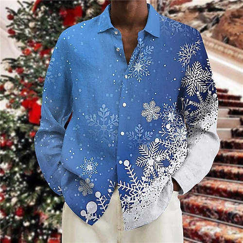 

Men's Shirt Graphic Prints Snowflake Turndown Blue Fuchsia 3D Print Christmas Street Long Sleeve Button-Down Print Clothing Apparel Fashion Designer Casual Soft