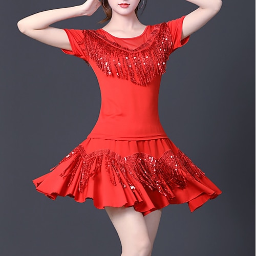 

Latin Dance Ballroom Dance Skirts Tassel Pure Color Splicing Women's Performance Training Short Sleeve High Polyester