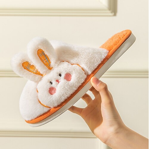 

Women's Slippers Home House Slippers Fleece Slippers Winter Flat Heel Round Toe Cute Sweet Polyester Faux Fur Loafer Animal Patterned Green Orange