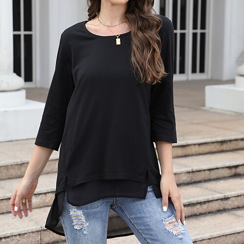

Women's Blouse Asymetric Hem Solid / Plain Color Basic Classic Round Neck Regular Spring & Fall Black Blue Purple Pink